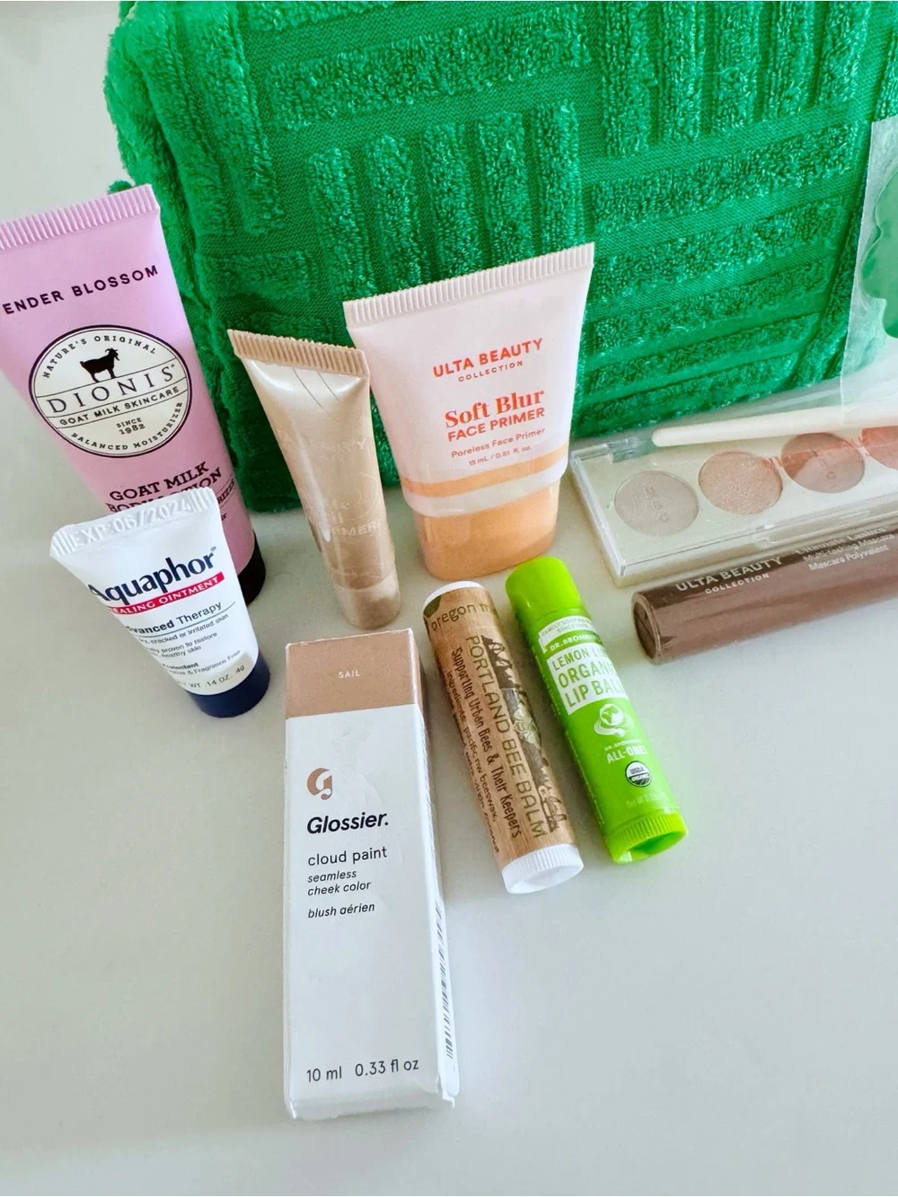 Ulta Beauty Green Terrycloth Stuffed Cosmetic & Make-Up BUNDLE, Travel Go Bag